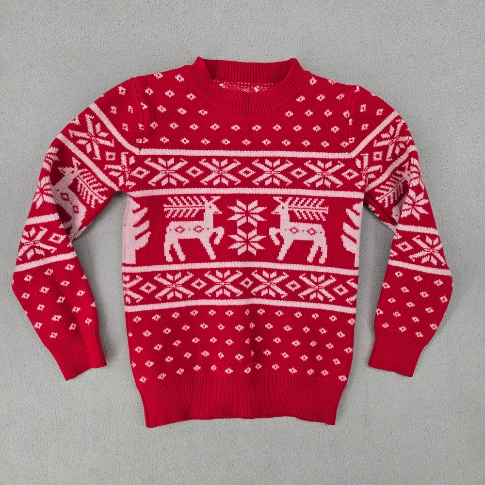 Kids Size 7 Red Pink Reindeer Fair Isle Christmas Sweater Holiday Pullover